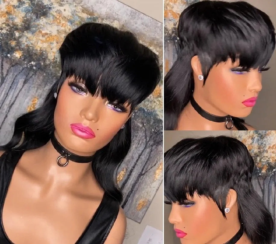 Black Brazilian style wig with short hair at the front and long hair at the back.