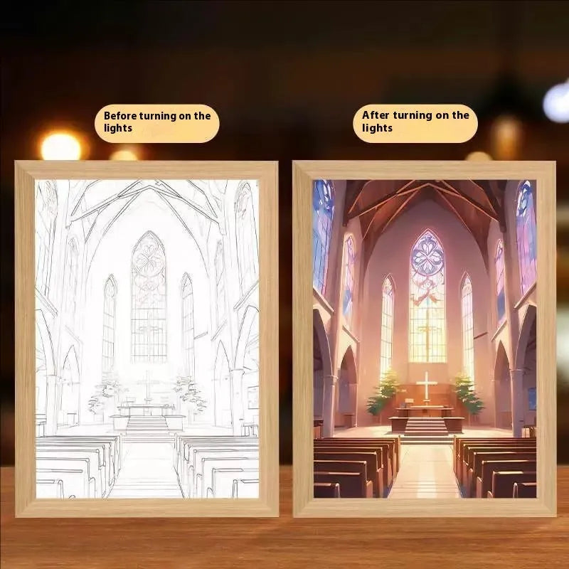 Handmade rectangular LED photo frame displaying a cross redemption garden sea home light painting artwork.