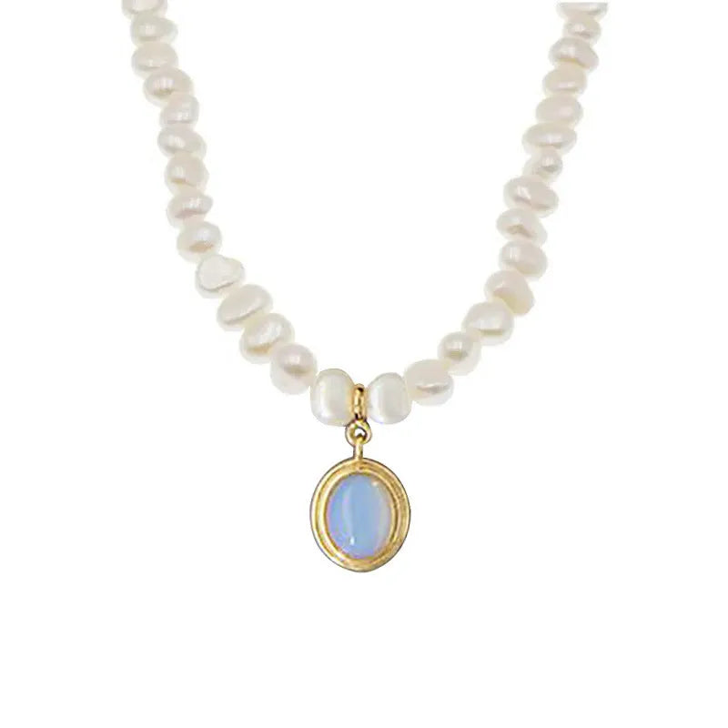 Geometric silver pendant pearl necklace with adjustable chain on white background