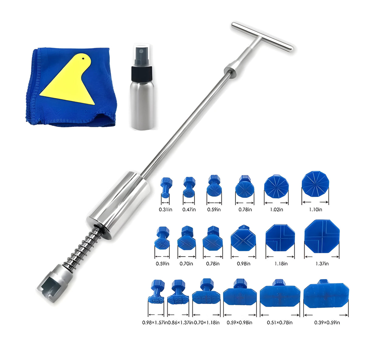 Automotive dent repair tool kit with T-shaped hammer, blue adhesive sticks, and accessories for car body panel restoration