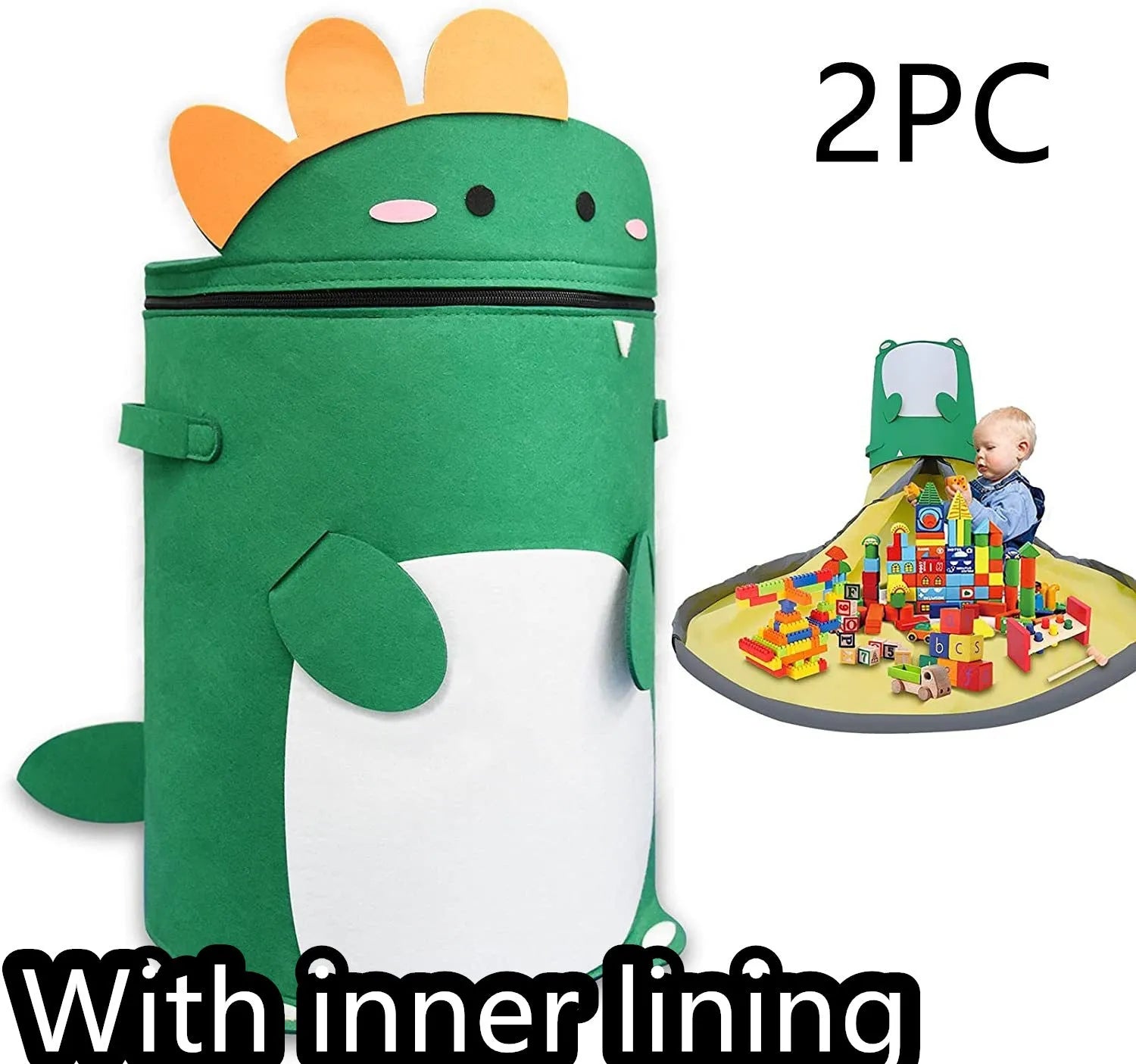 Green felt cube storage bag with pull rope, laid flat as a play mat