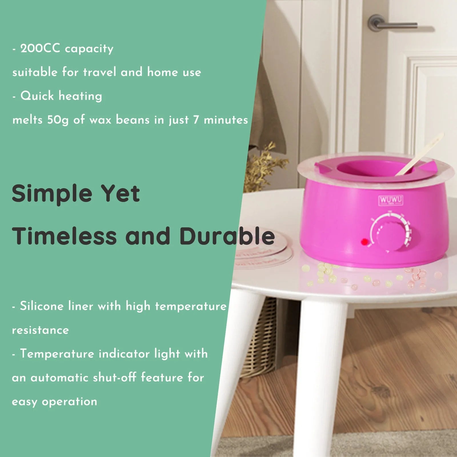 WUWUVISTA professional waxing kit with black smart wax warmer, coloured wax beads, applicators, and aftercare products.