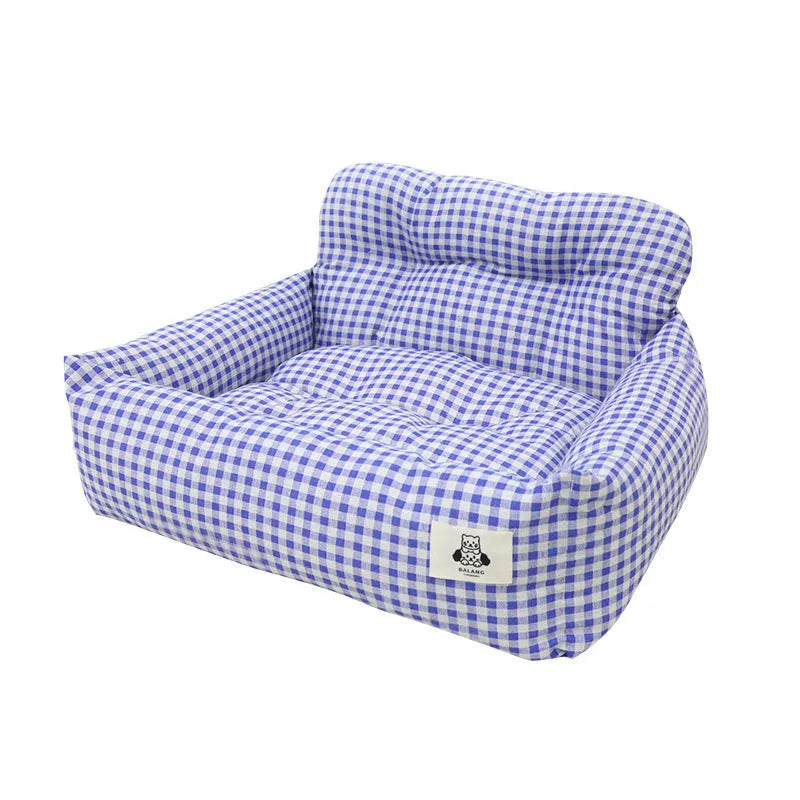 Gray and Blue Plaid cloth dog car bed nest for pet travel on vehicle seat