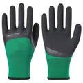 Black and green rubber work gloves, M size, showing textured palm for non-slip grip.