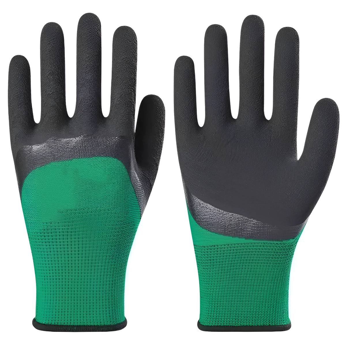 Black and green rubber work gloves, M size, showing textured palm for non-slip grip.