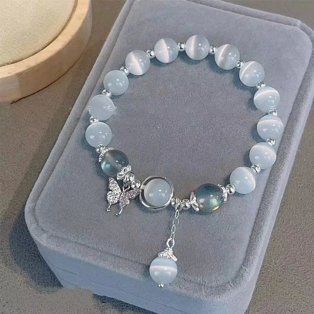 Moonlight grey glass and coloured glaze women's bracelet with drop-shaped and round beads.
