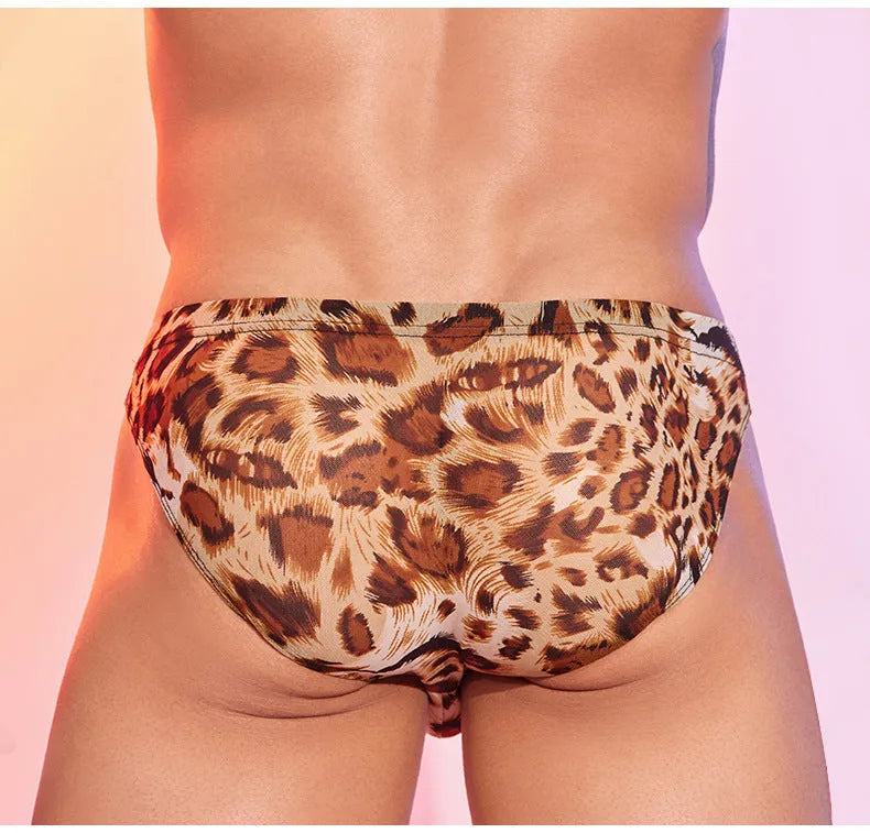 Men's leopard print low waist briefs underwear free size on white background.
