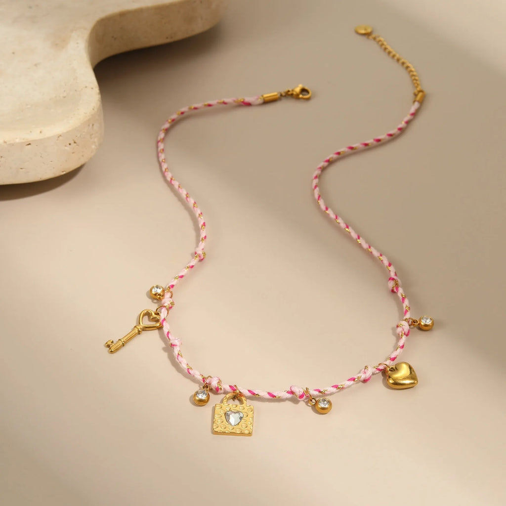 Handmade braided rope and stainless steel necklace and bracelet set with geometric pendant