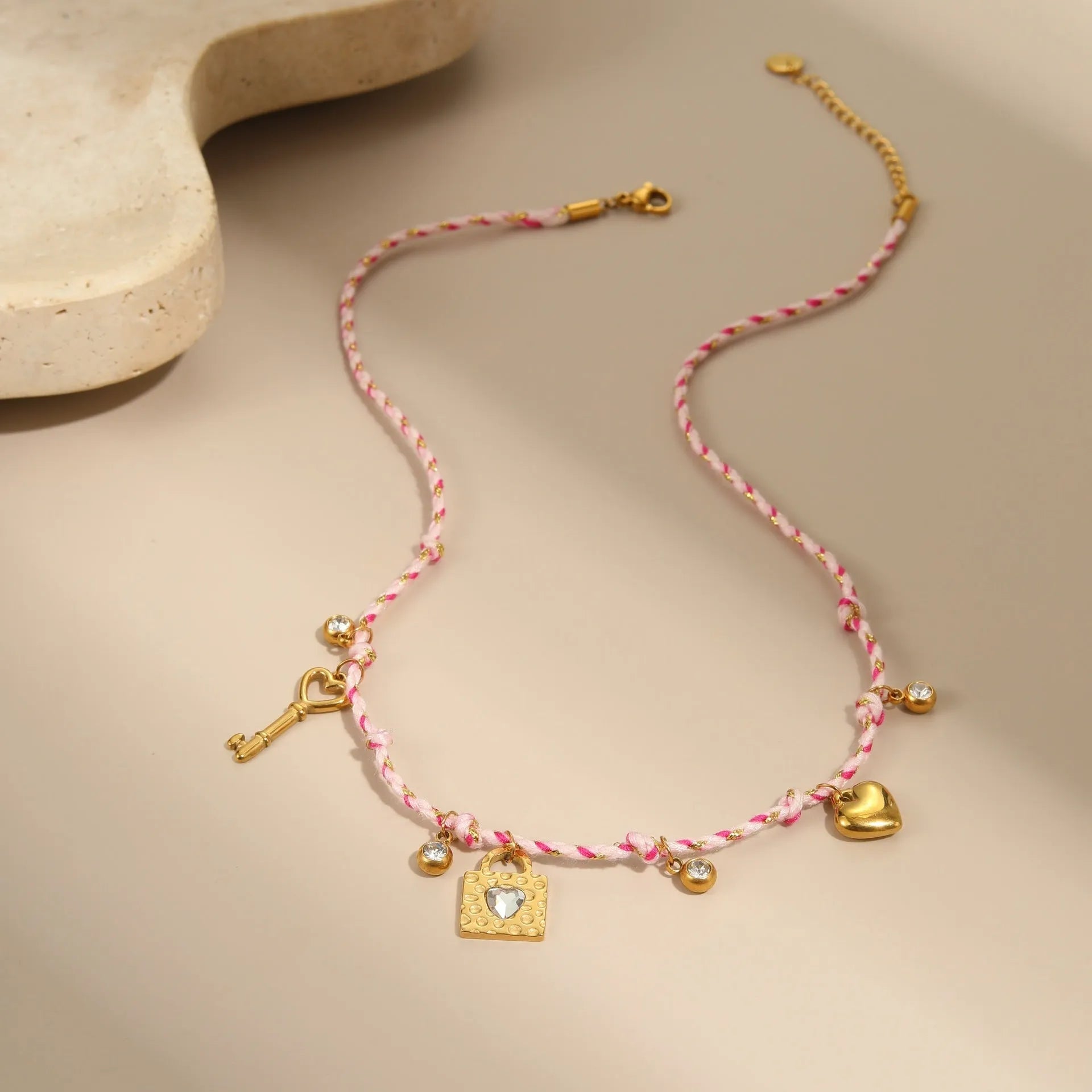 Handmade braided rope and stainless steel necklace and bracelet set with geometric pendant