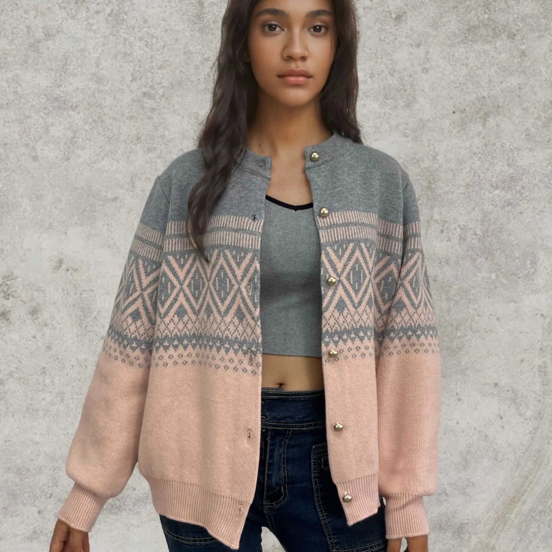 Women's red alpaca wool cardigan with diamond pattern and long sleeves