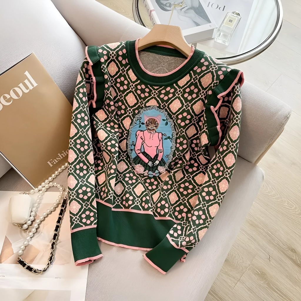 Green printed women's loose-fit sweater with regular sleeves for commuting wear