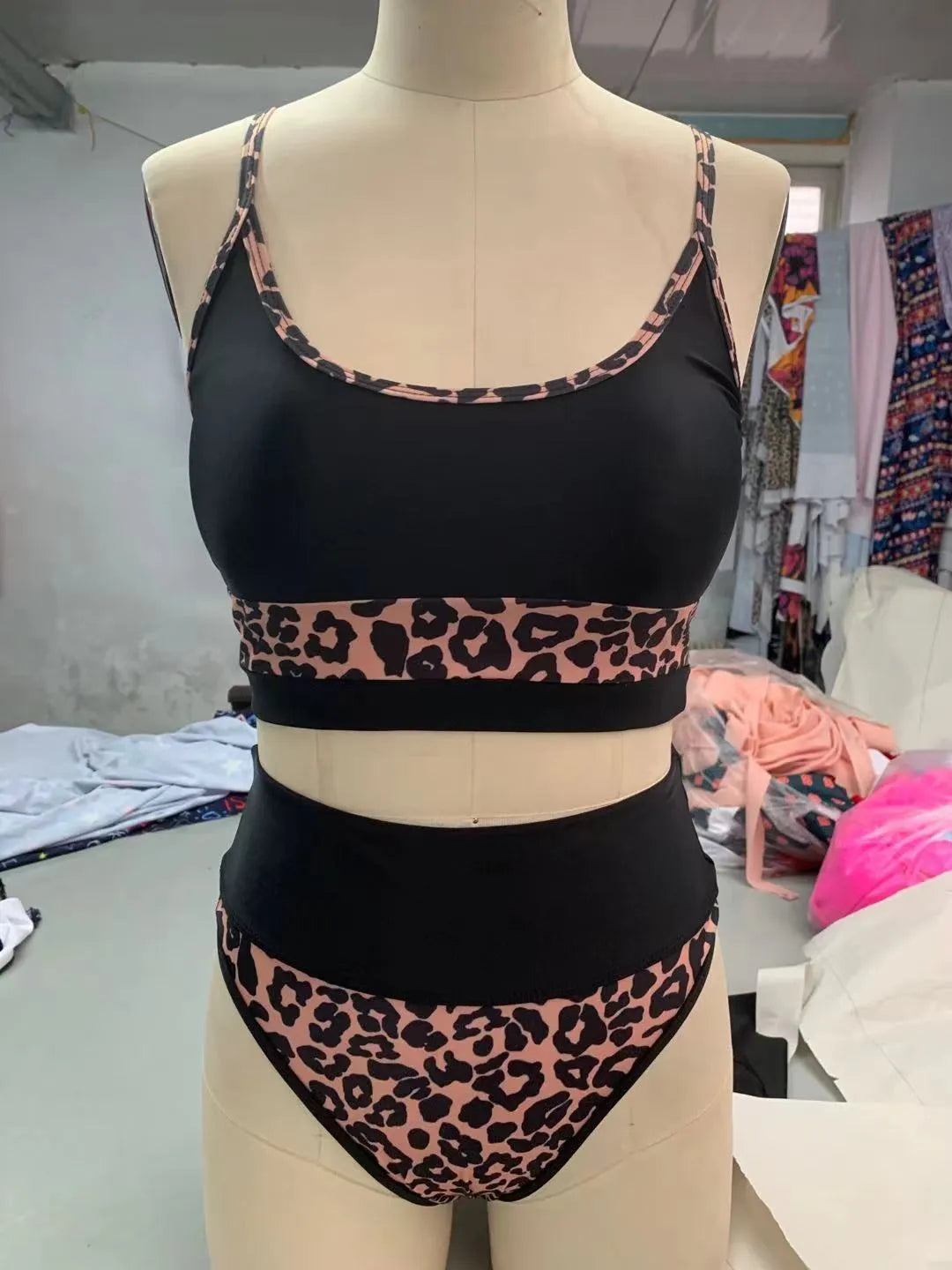 Women's high waist leopard print bikini swimsuit with split leg design
