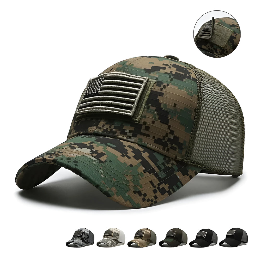 Adjustable Velcro outdoor baseball hat in tactical camouflage pattern with dome crown
