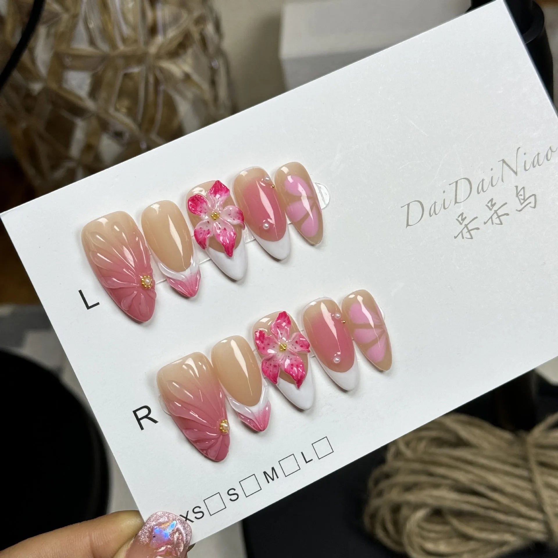 French style 3D lily fluid ice flower nail art stickers on almond-shaped plastic armour in four sizes
