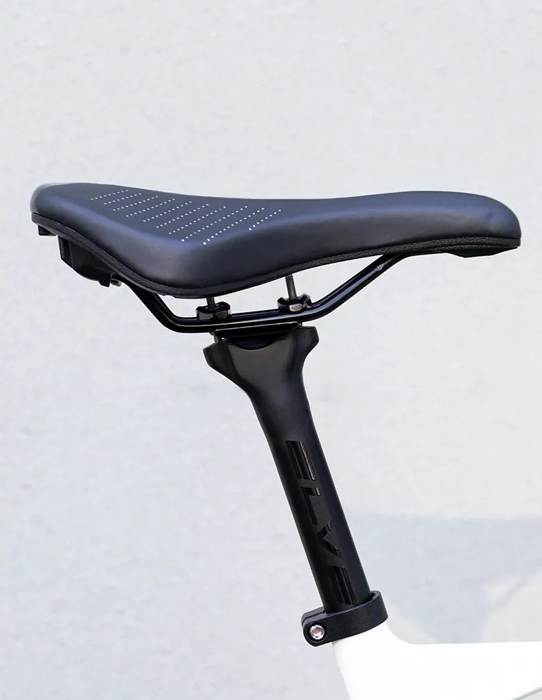 Black and pink PU foam bicycle seat cushion for M size mountain bike saddles.