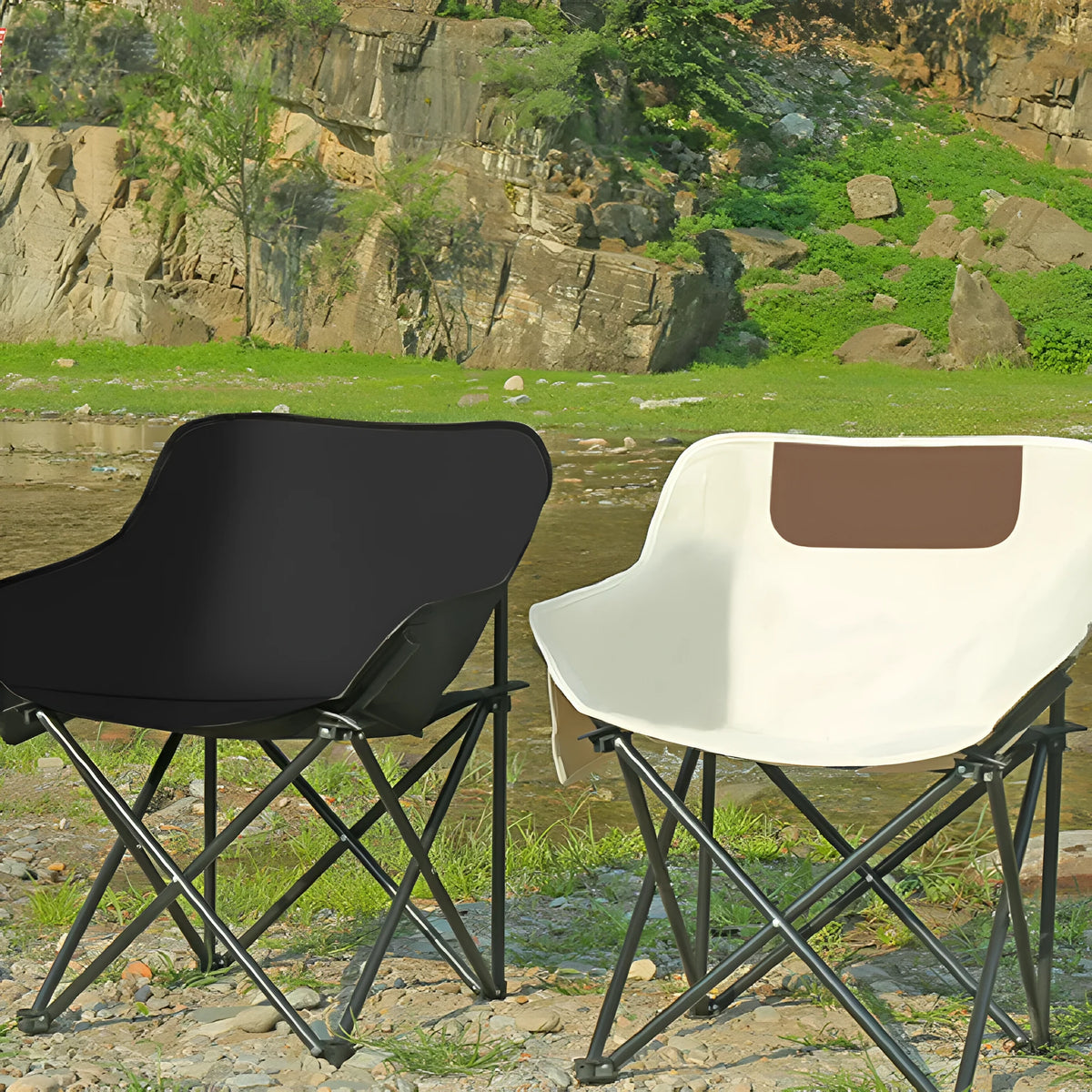 Beige folding outdoor camp chair with steel frame and Oxford cloth seat in the open position