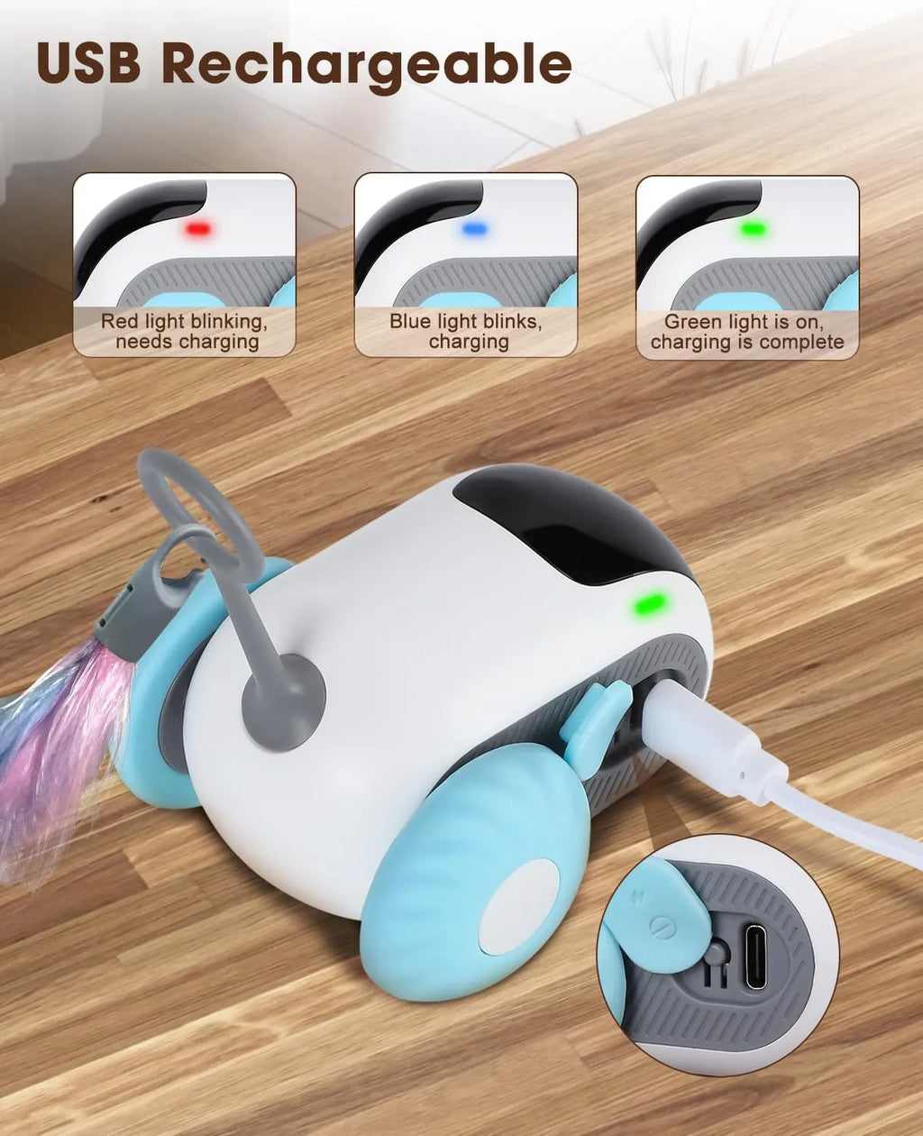 Blue smart cat toy car with feather teaser attachment and remote control on floor
