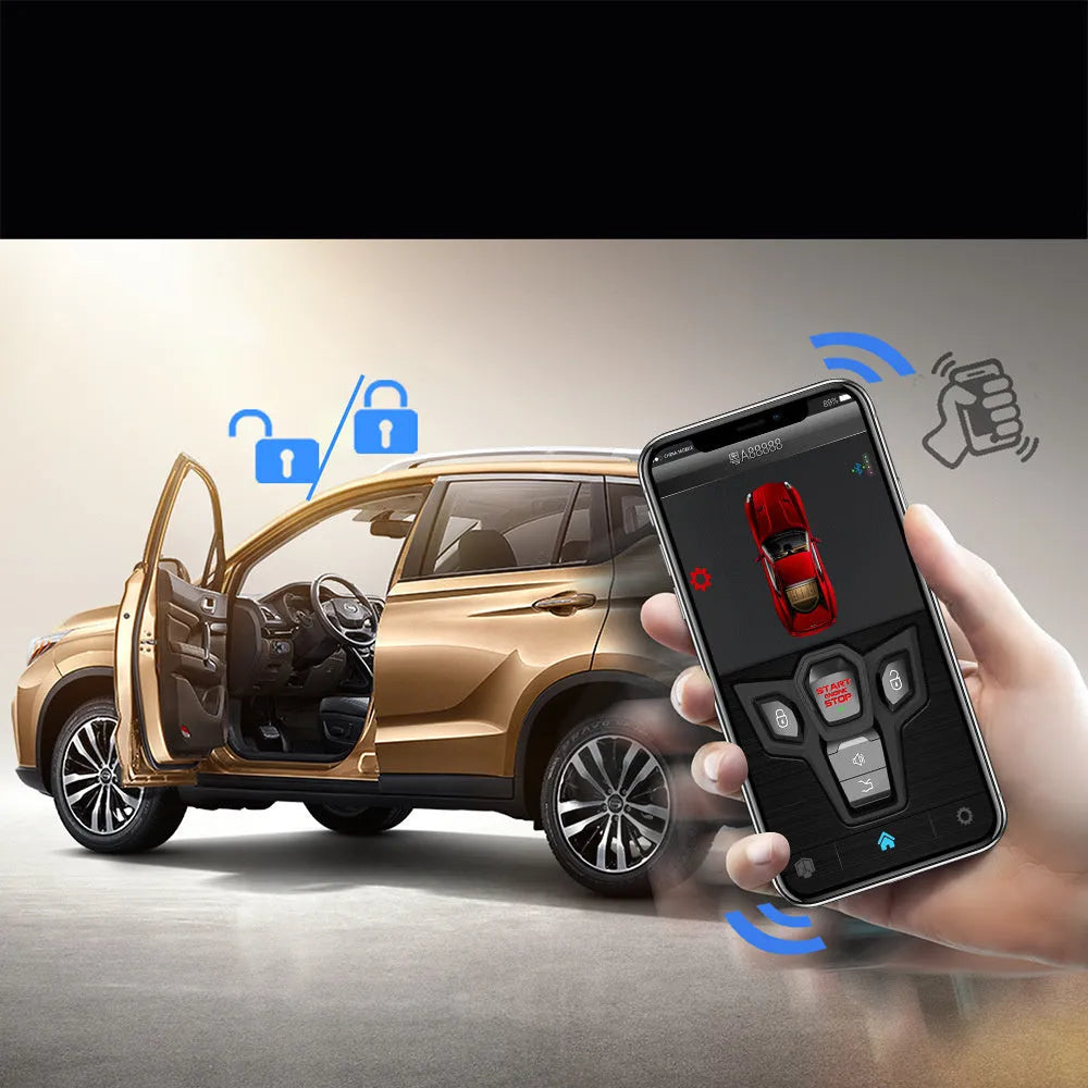 Red and frosted black one-way remote control car alarm with two remotes for vehicle security.