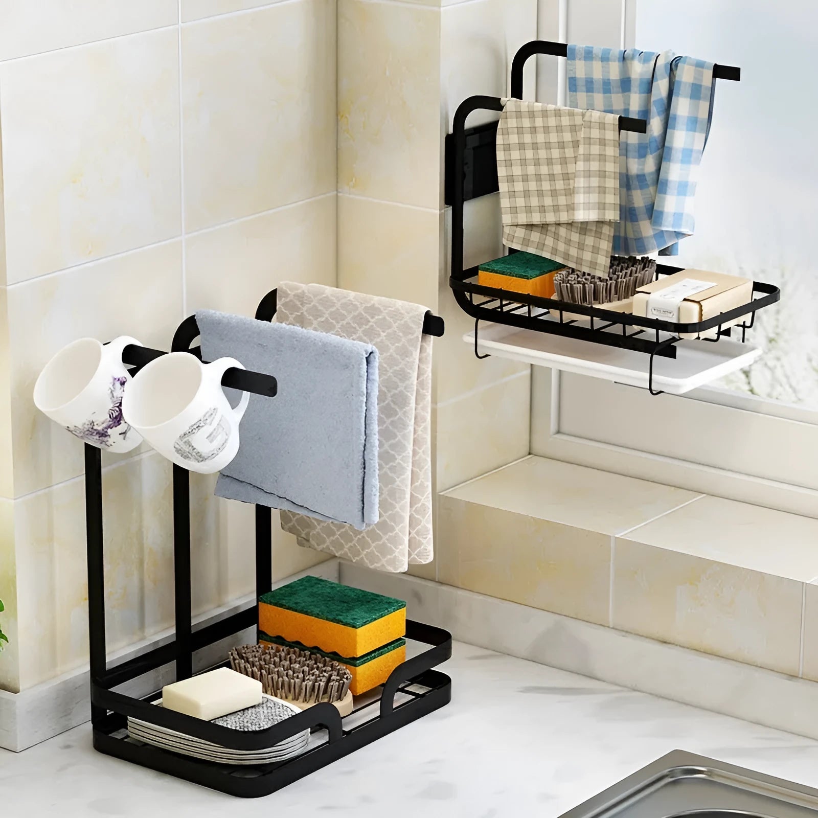 Foldable plastic kitchen storage rack with Chinese style design for wall or countertop placement