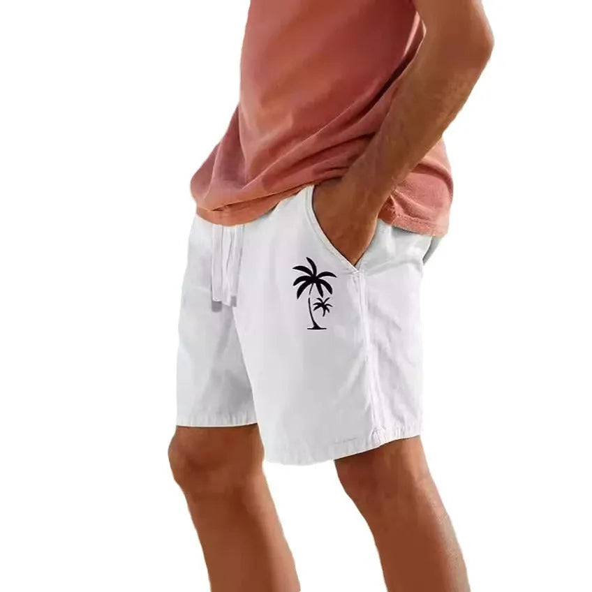 Men's cotton blend beach shorts with heat transfer floral patches in Army Green colour with drawstring waist