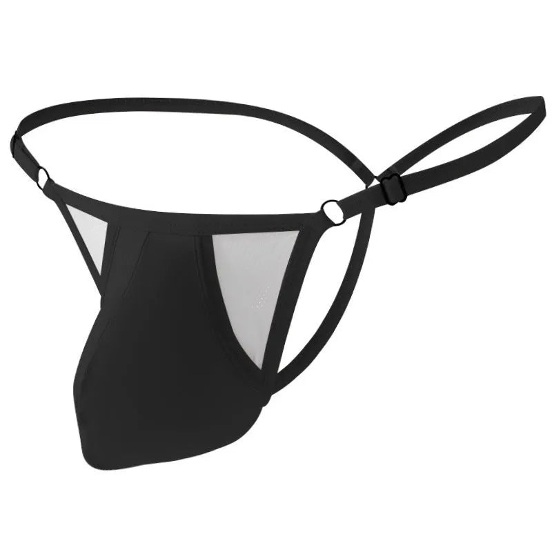 Men's black ice silk T-back underwear with adjustable thin straps and geometric pattern