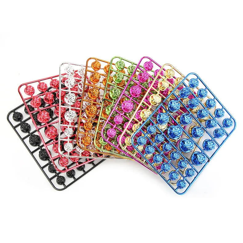 Motorcycle engine screw cover kit with 30 ABS plastic pieces in eight colours including black, red, gold, blue, silver, green, orange, purple