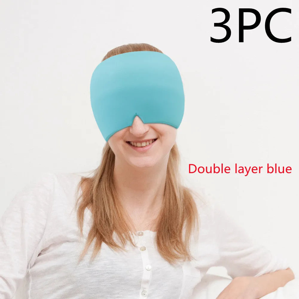 Black elastic cloth gel cooling eye mask for headache relief, shown with adjustable strap.