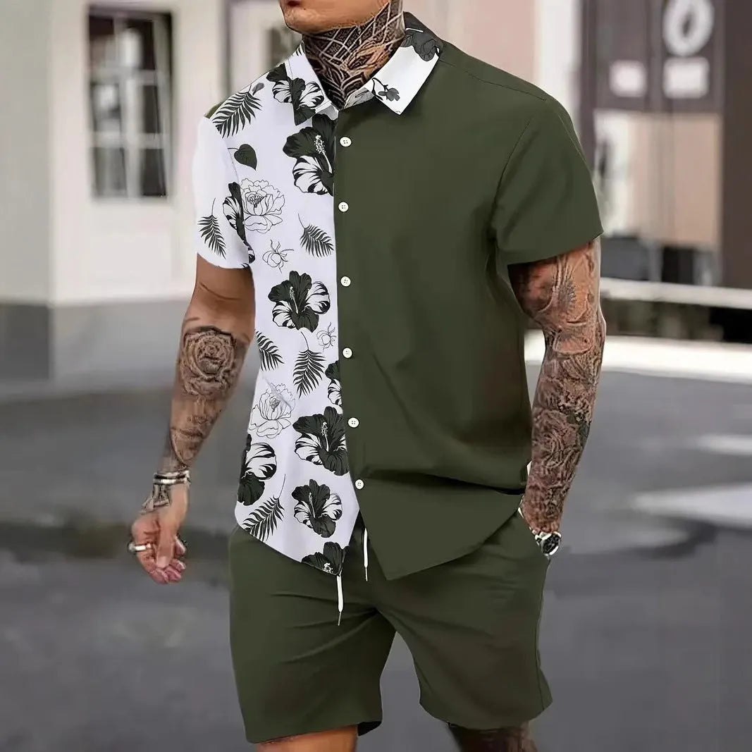Men's 3D printed Hawaiian style short sleeve lounge suit with matching shorts on a mannequin