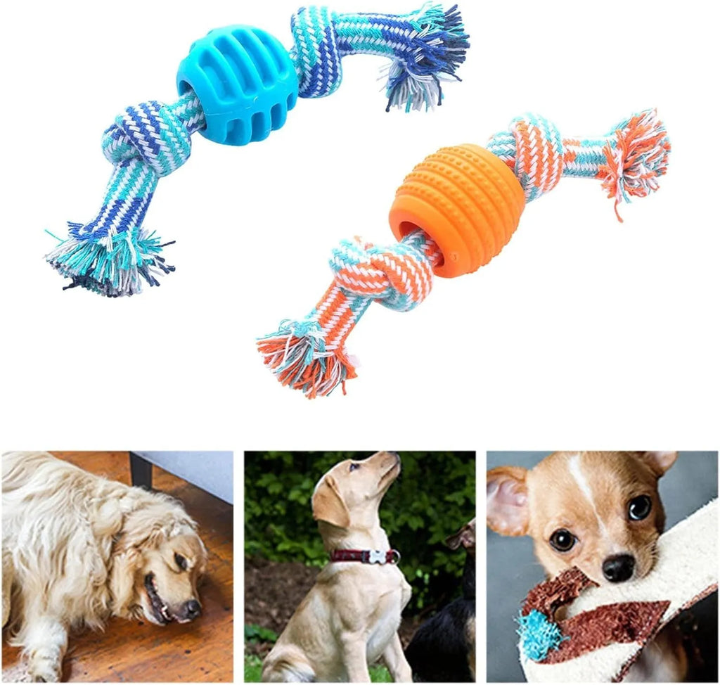 Blue dog chew toy with rope elements for dental cleaning and oral health