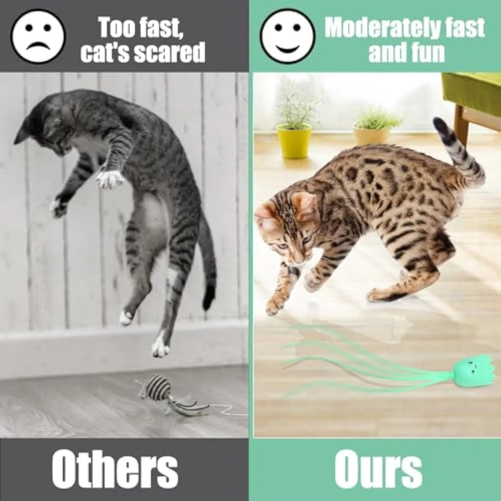 Electronic cat wand toy with multiple swinging silicone tails in green colour