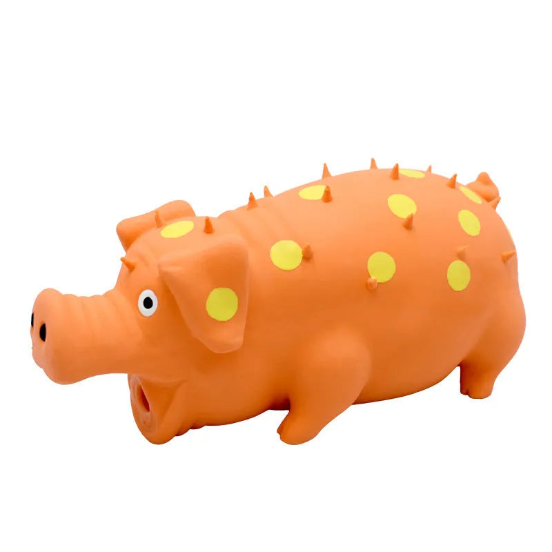 Latex pig-shaped dog chew toy with textured surface and squeaker in multiple colour options