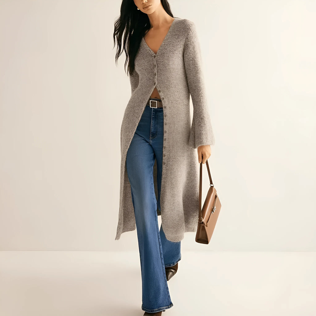Khaki coloured long sleeve button-up cardigan coat in a French retro style.