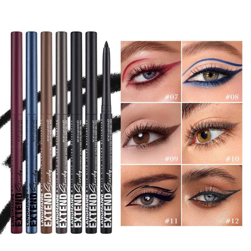 Set of 12 colourful gel glitter eyeliner pencils displayed in vibrant shades A through L.