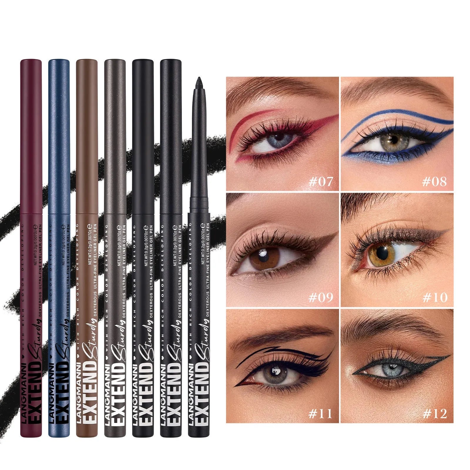 Set of 12 colourful gel glitter eyeliner pencils displayed in vibrant shades A through L.