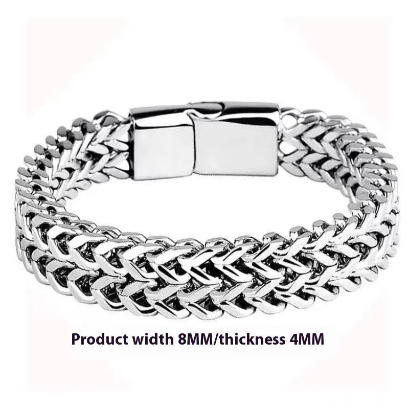 Silver titanium steel men's geometric hip hop bracelet shown on a wrist.