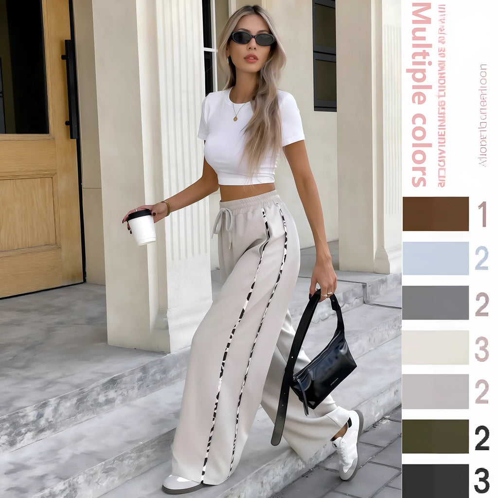 Lace-up drawstring high waist loose straight sports casual pants in polyester fabric