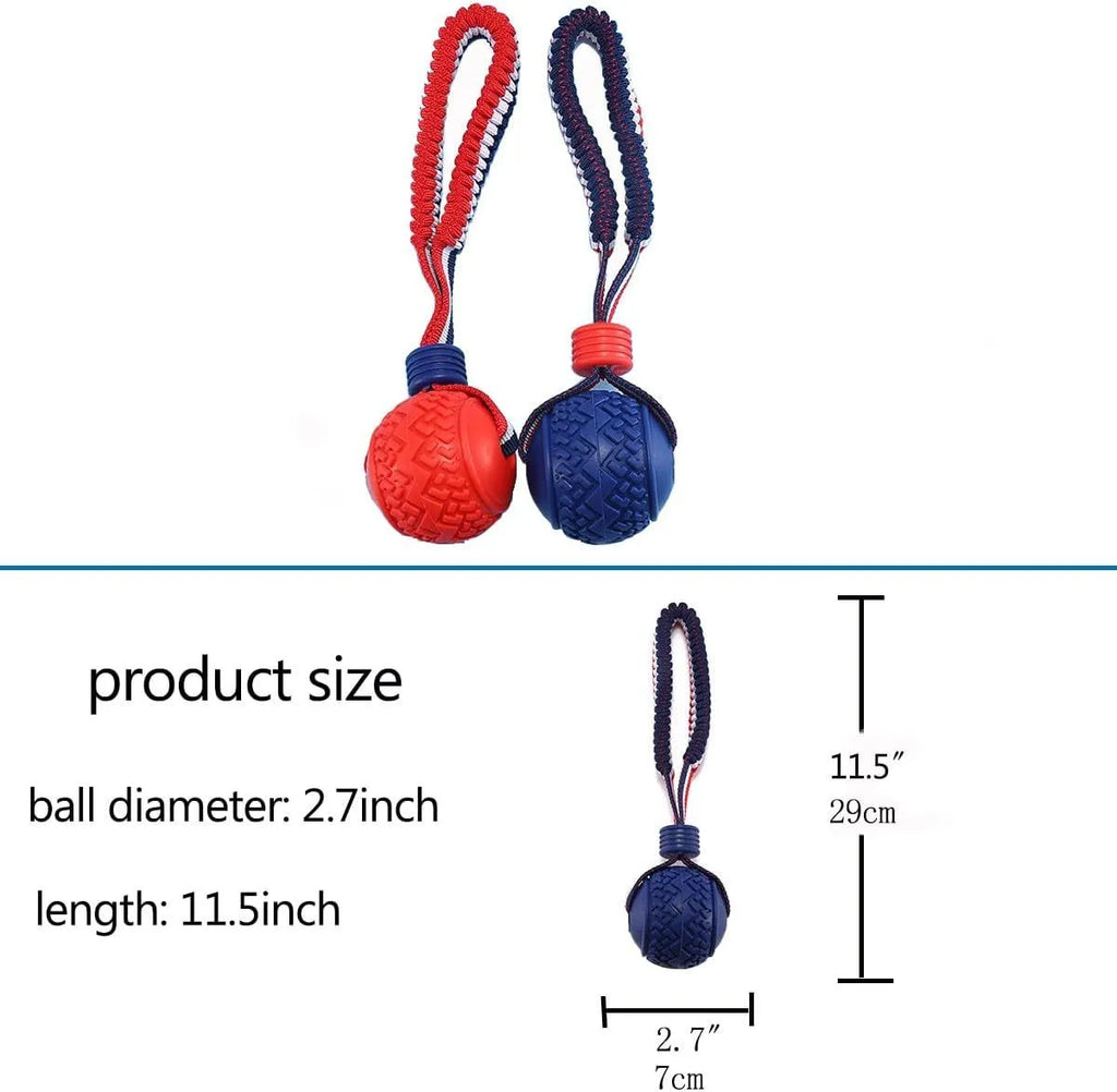 Blue dog toy with a textured rubber ball attached to a rope for tug-of-war and chewing