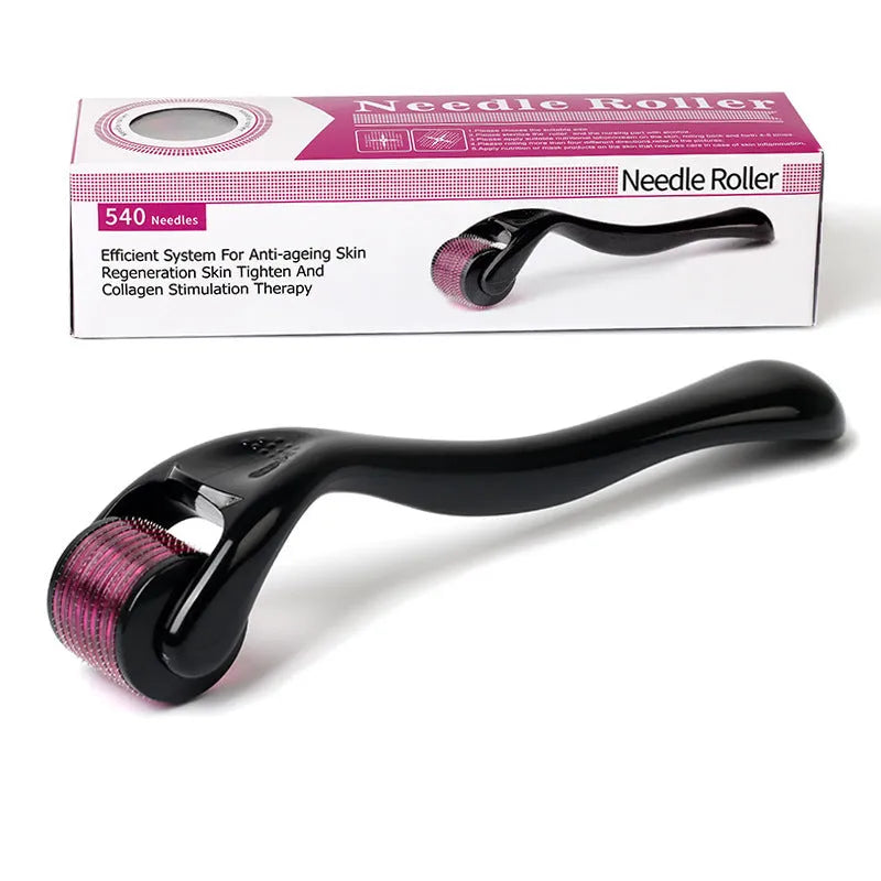 Black and purple titanium derma rollers with six needle depth sizes from 0.2mm to 1.0mm
