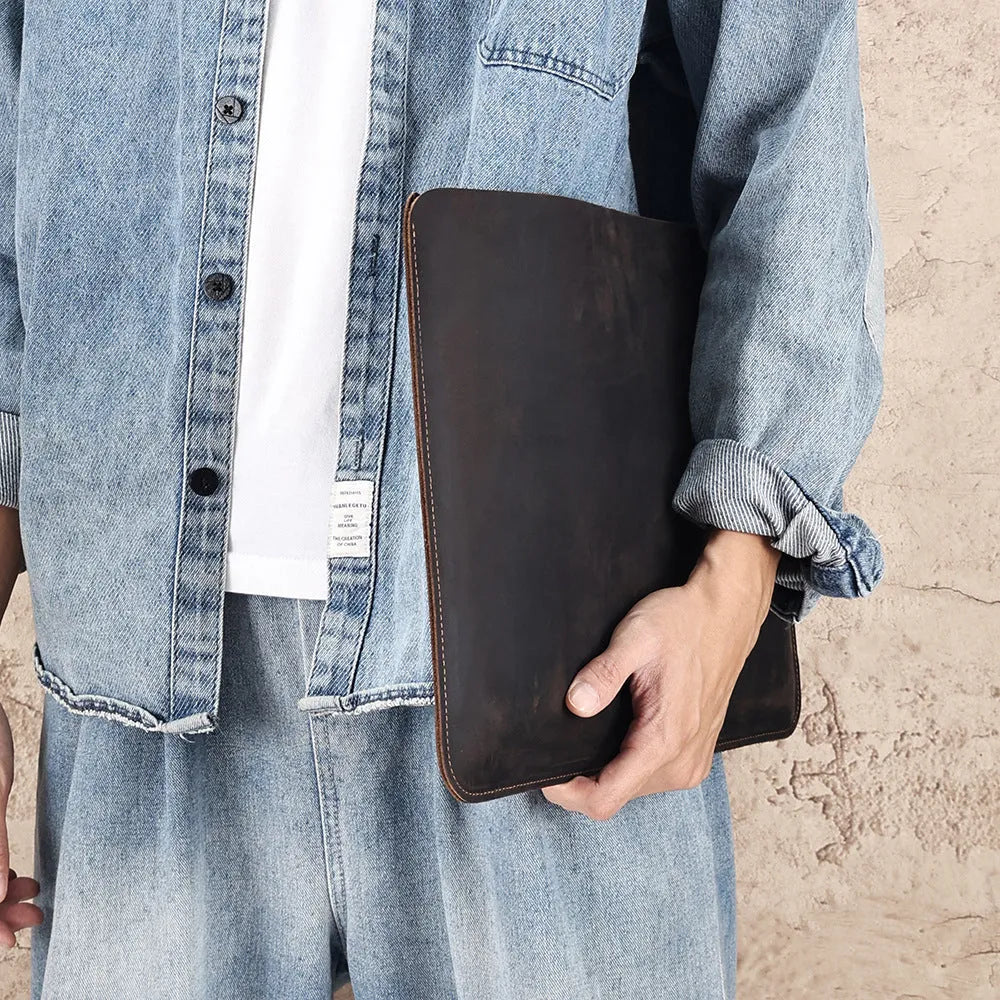 Brown genuine leather computer liner bag for men with crazy horse leather finish and multi-functional design