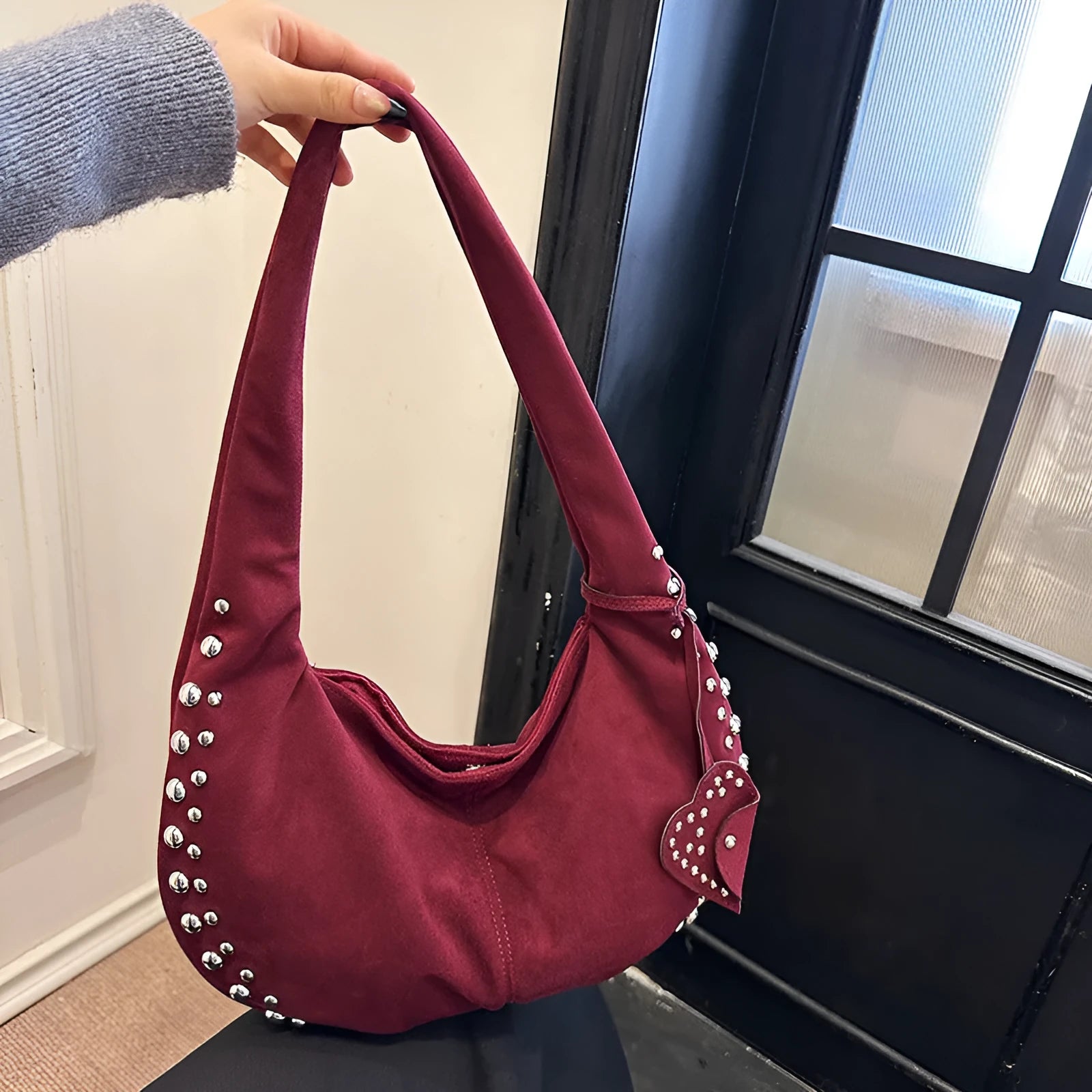 Soft plush strapless tote handbag in retro style, shown in black, red, brown, and green colour options.