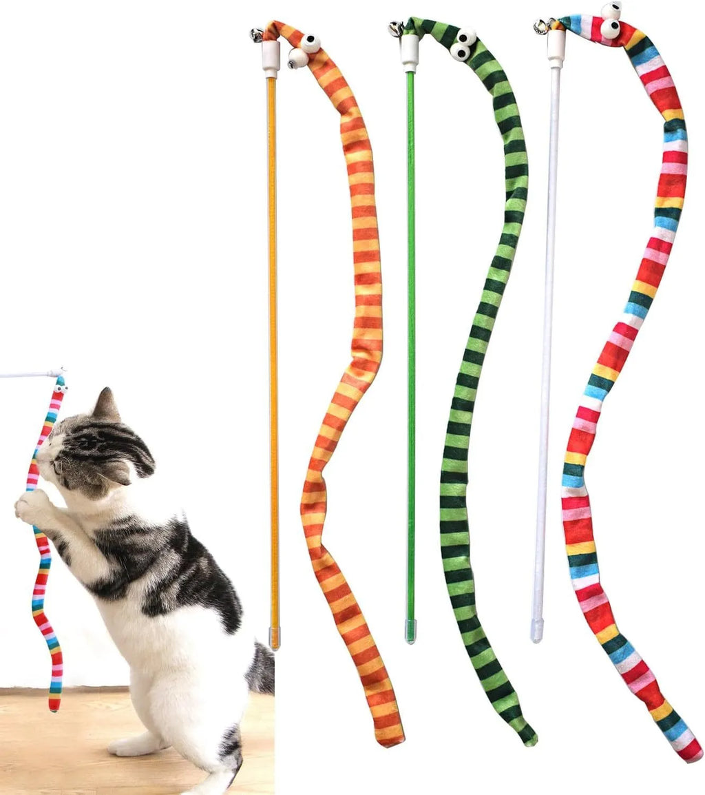 Cat teaser wand toy with a long plush strip and bell on a polycarbonate pole.