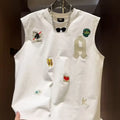Men's white cotton sleeveless vest t-shirt with cartoon graphic print, loose fit, front view