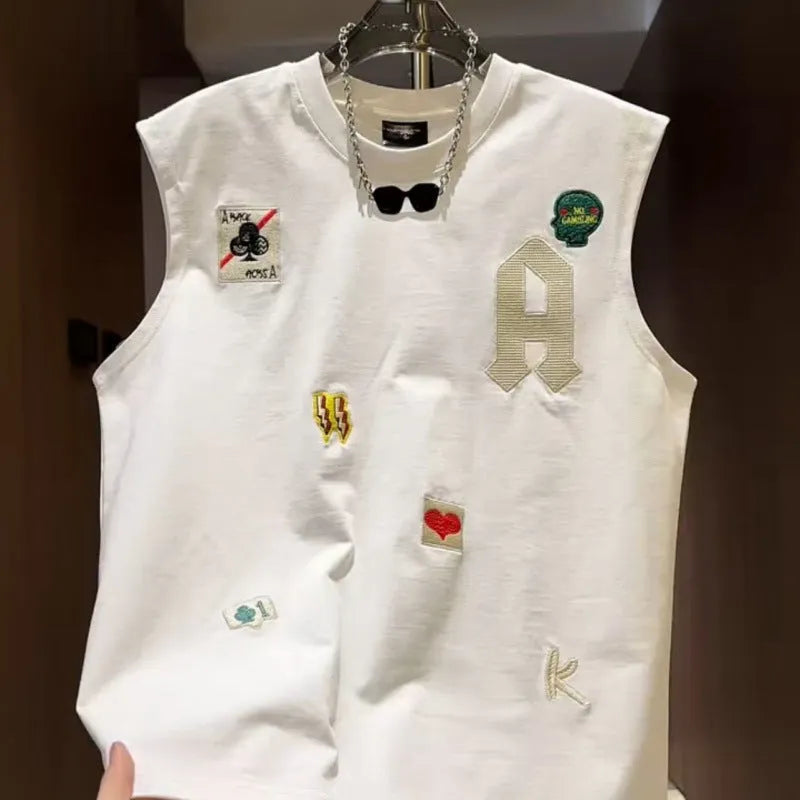 Men's white cotton sleeveless vest t-shirt with cartoon graphic print, loose fit, front view