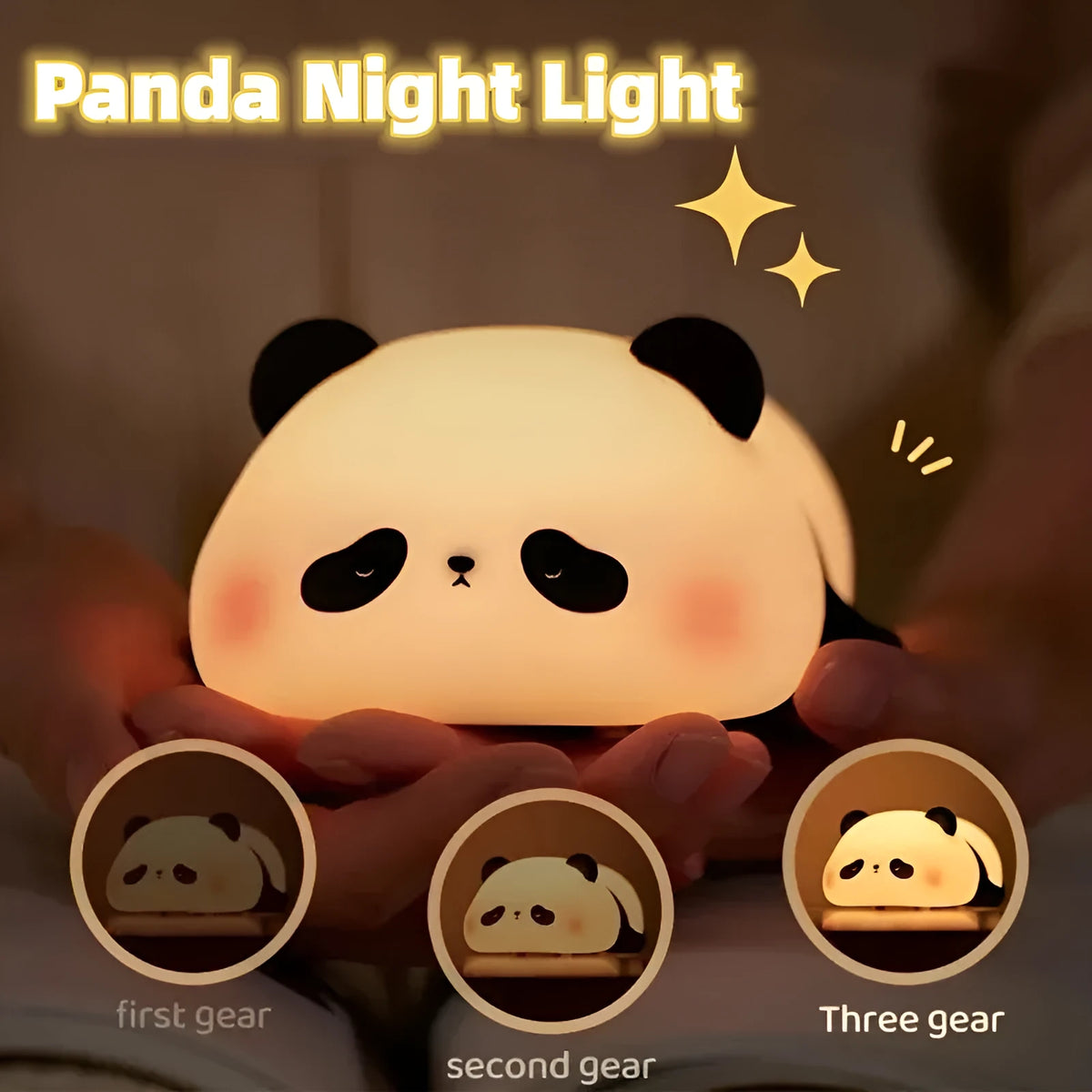 Cute cartoon panda-shaped silicone night light for children on a bedside table.