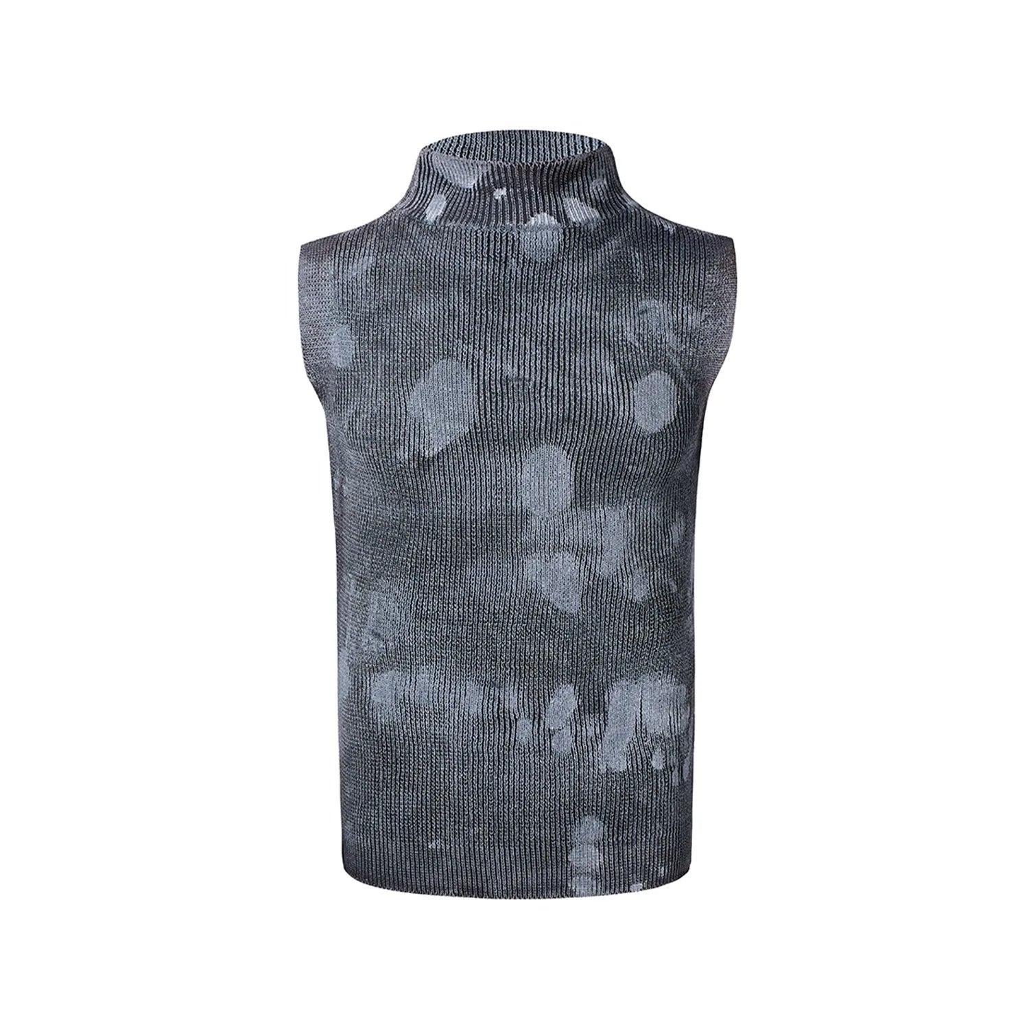 Men's black silver pastebrushing wool blend sleeveless turtleneck vest on a hanger