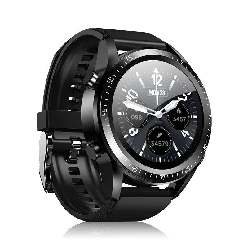 Black smart watch with health monitoring on a silicone wrist strap, showing its touch screen.