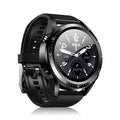 Black smart watch with health monitoring on a silicone wrist strap, showing its touch screen.