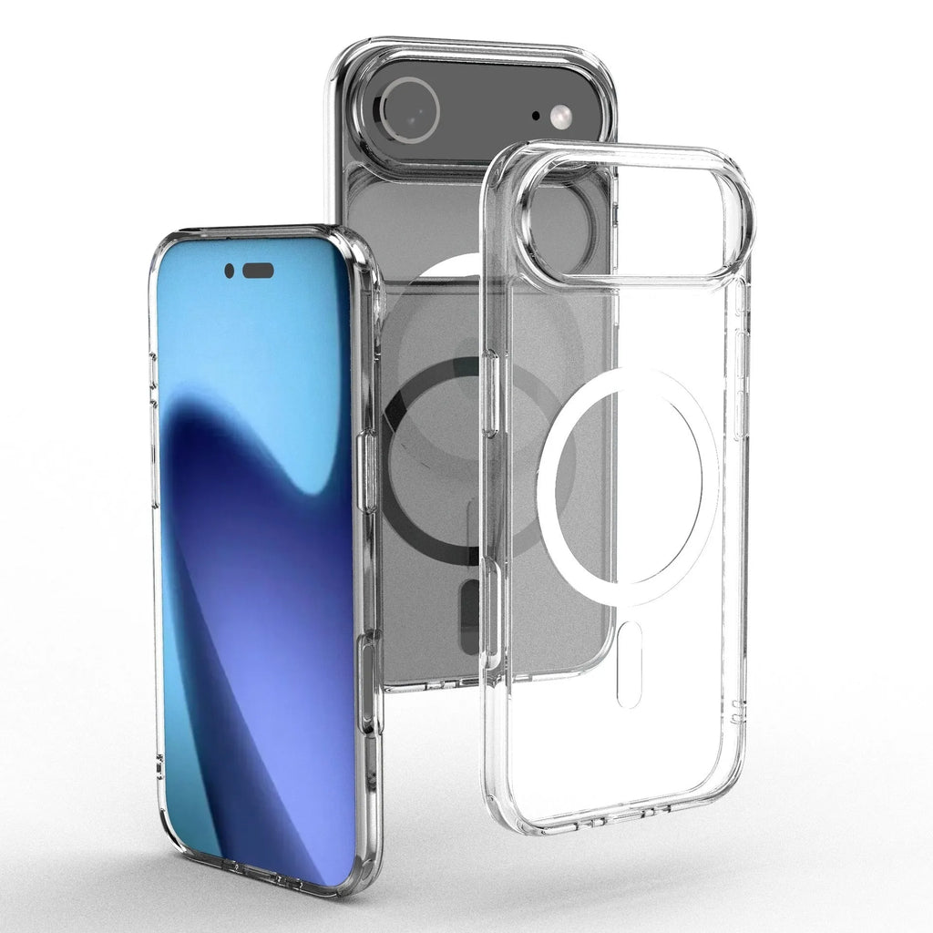 Transparent magnetic iPhone 17 AIR phone case showing shockproof design.