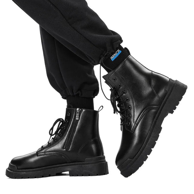 Men's black mid-top tide British leather boots with a flat style and rubber sole