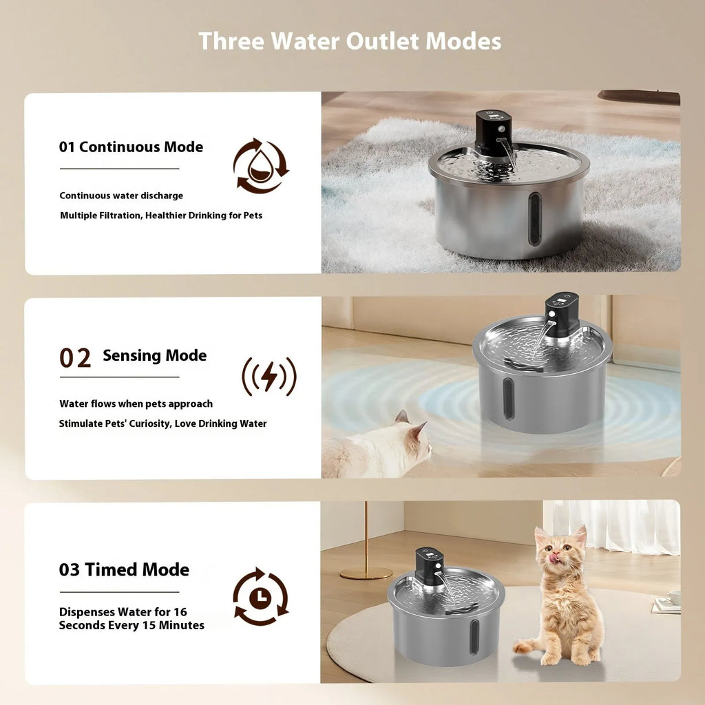 Stainless steel pet water fountain with heating base in white or black for cats and dogs